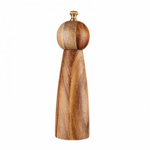 Round head 8-inch manual acacia wood spice grinder for kitchen food prep.