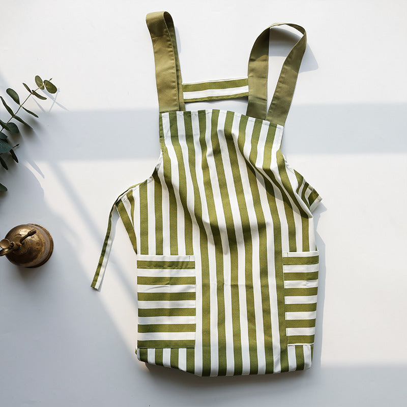 Modern quick-drying vest-style kitchen apron in striped bean paste green.