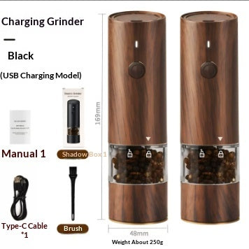 Modern Roman silver electric seasoning grinder on a kitchen counter.