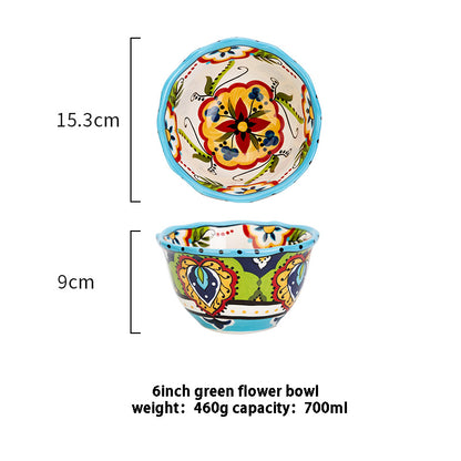 Artistic blue floral bohemian ceramic bowl used for stylish daily home dining.
