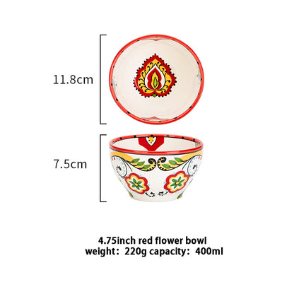 Close-up of the traditional bohemian floral design on a handmade porcelain bowl.