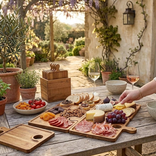 Round wooden cutting board with handle used as a charcuterie tray.