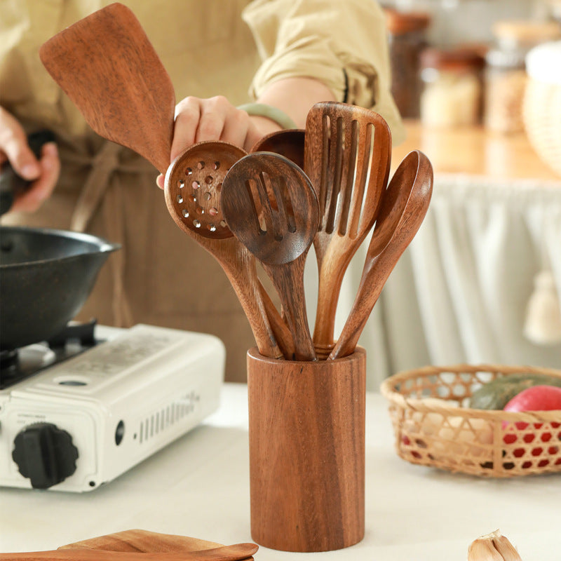 Heat-resistant wooden spatulas and spoons safe for non-stick cookware.