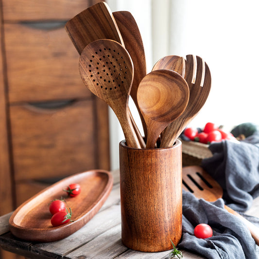 Complete 10-piece natural wooden kitchen utensil set for everyday cooking.