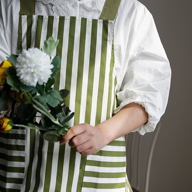 Modern quick-drying vest-style kitchen apron in striped bean paste green.