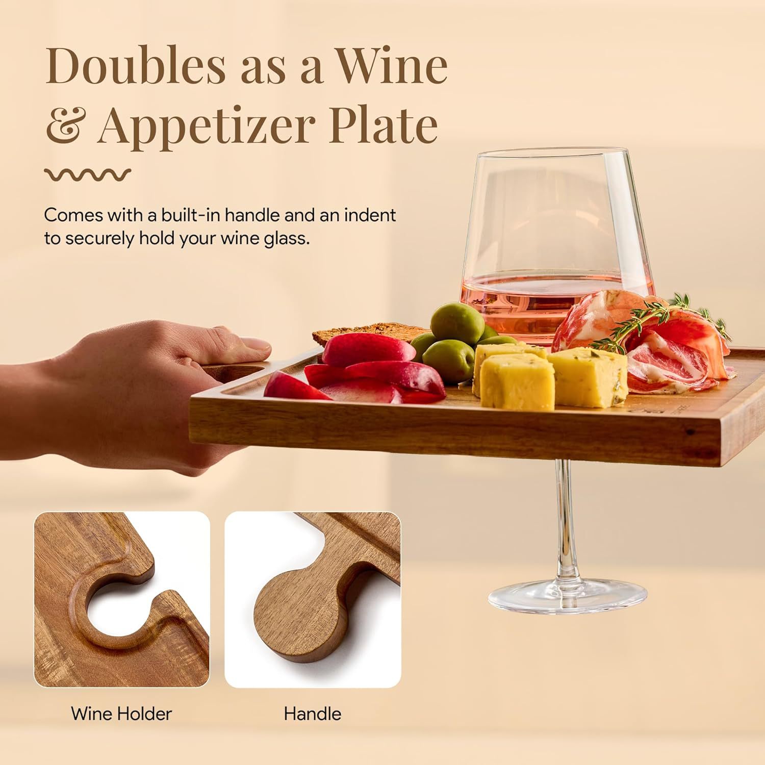 Round wooden cutting board with handle used as a charcuterie tray.