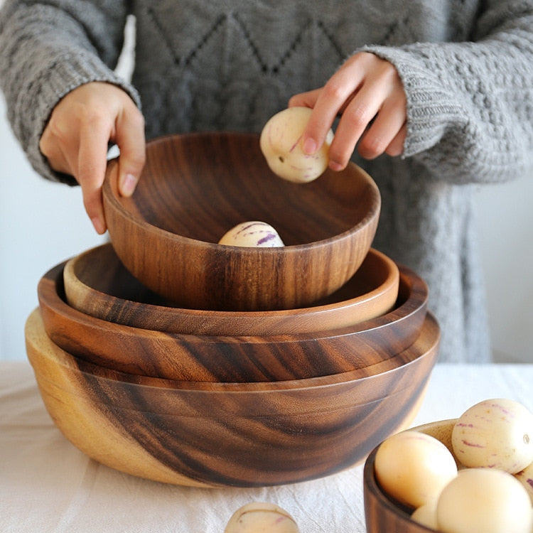 Handmade natural wood salad bowl with stunning organic wood grain.