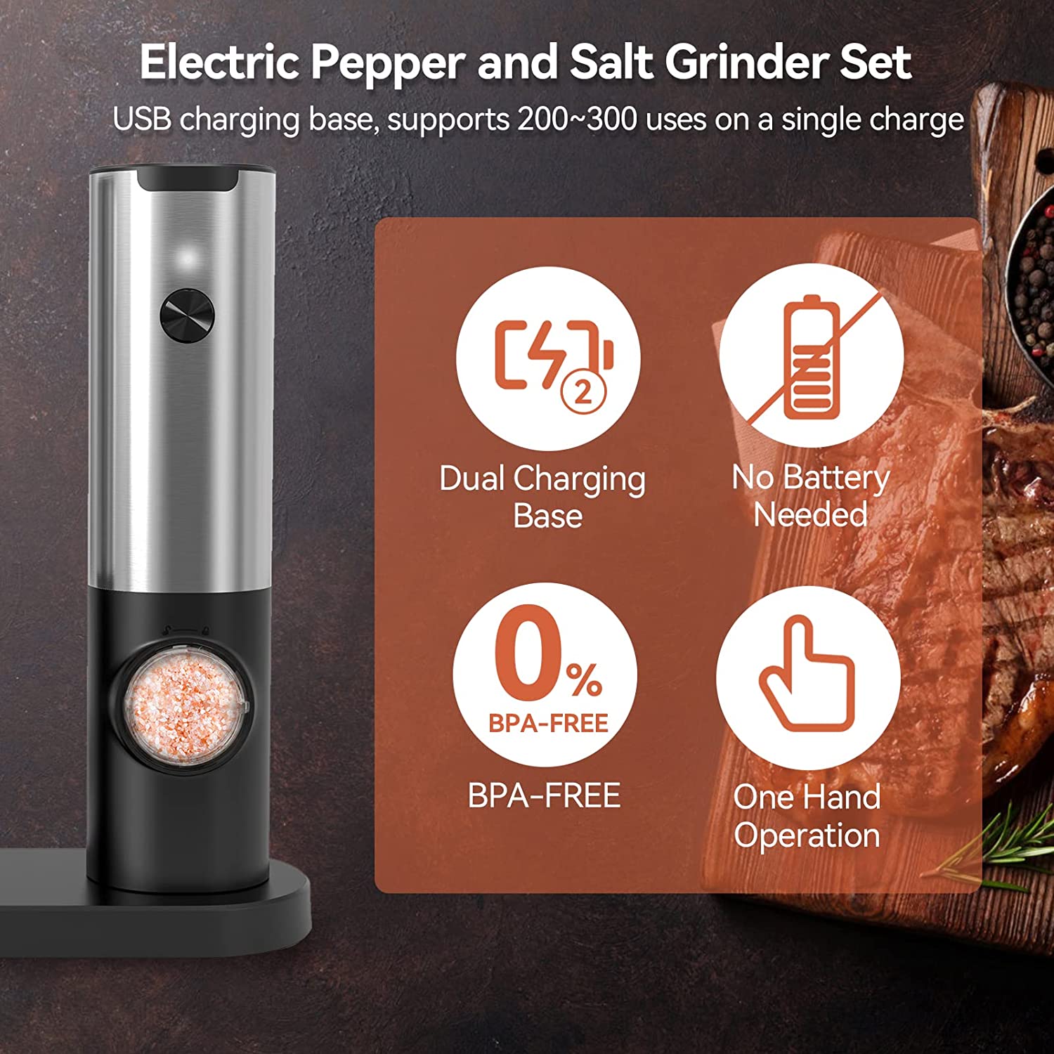 Complete rechargeable electric spice grinder set with USB charging base.