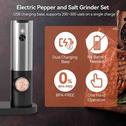 Complete rechargeable electric spice grinder set with USB charging base.