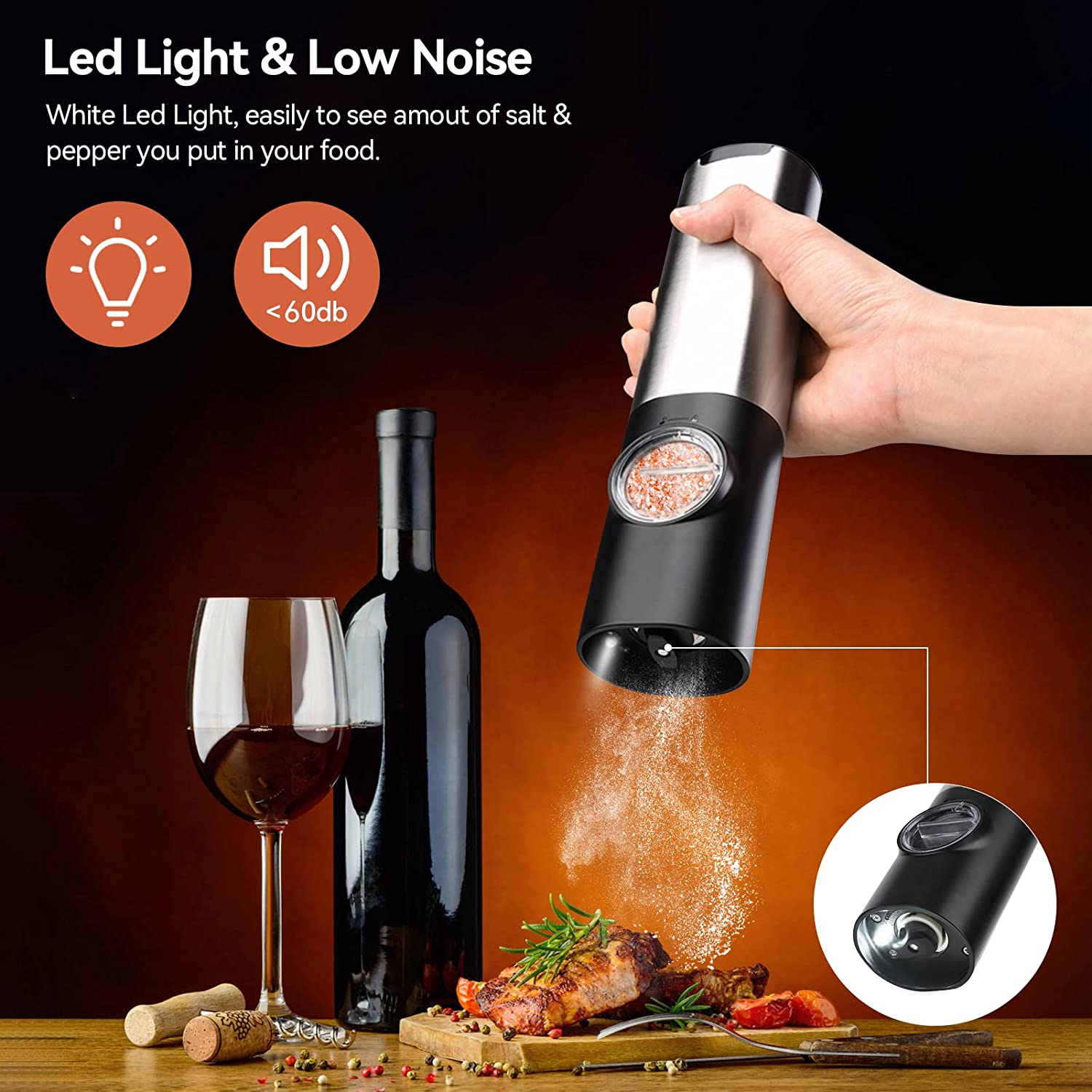 Modern Roman silver electric seasoning grinder on a kitchen counter.