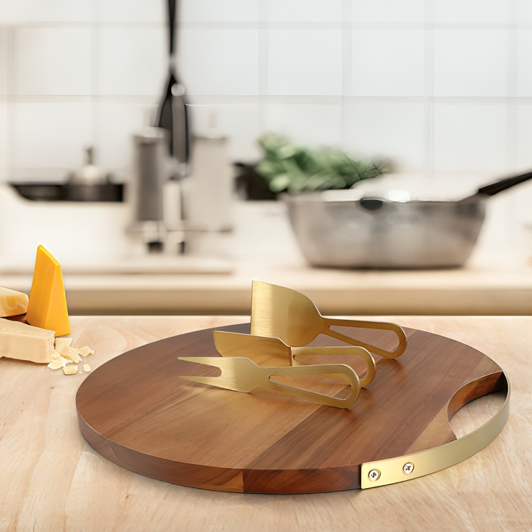 Complete 4-piece cheese knife and acacia wood board set for charcuterie.
