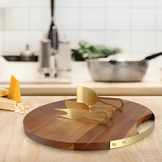 Complete 4-piece cheese knife and acacia wood board set for charcuterie.