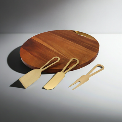 Elegant acacia wood serving board displaying a curated cheese platter.