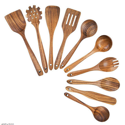Premium 10-piece wooden kitchen utensil set including a ladle and turner.