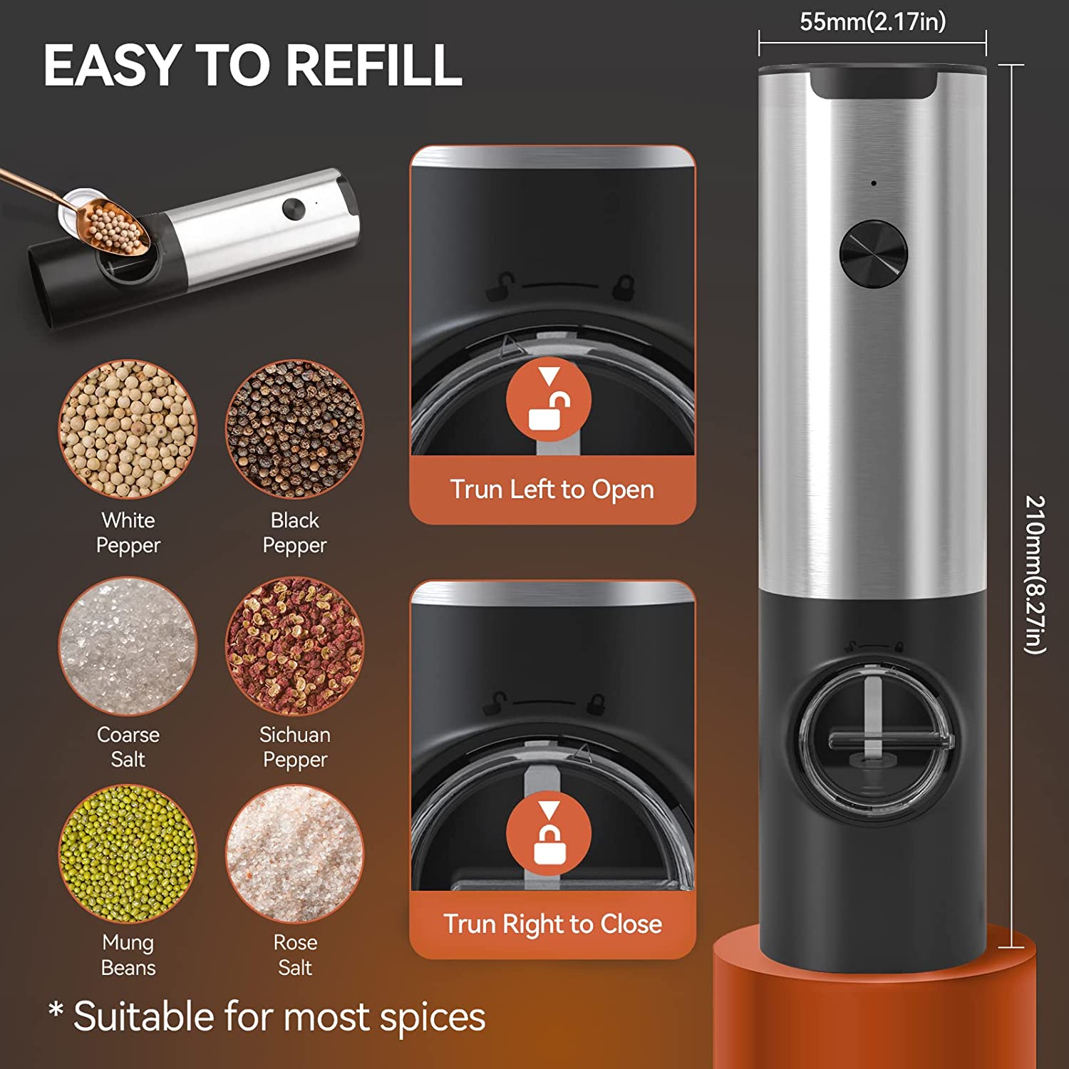 Rechargeable electric salt and pepper grinder set in modern Roman silver.