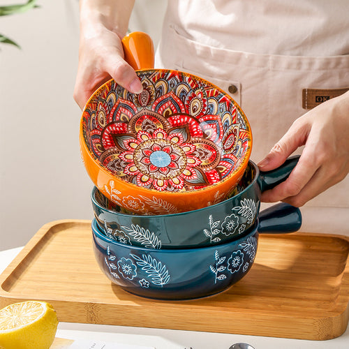 400ml ceramic flower handle bowl with a glossy red glaze finish.