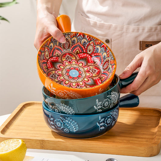400ml ceramic flower handle bowl with a glossy red glaze finish.