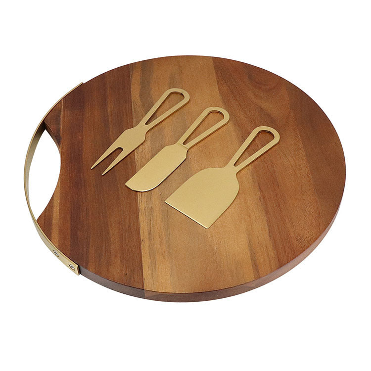 Complete 4-piece cheese knife and acacia wood board set for charcuterie.