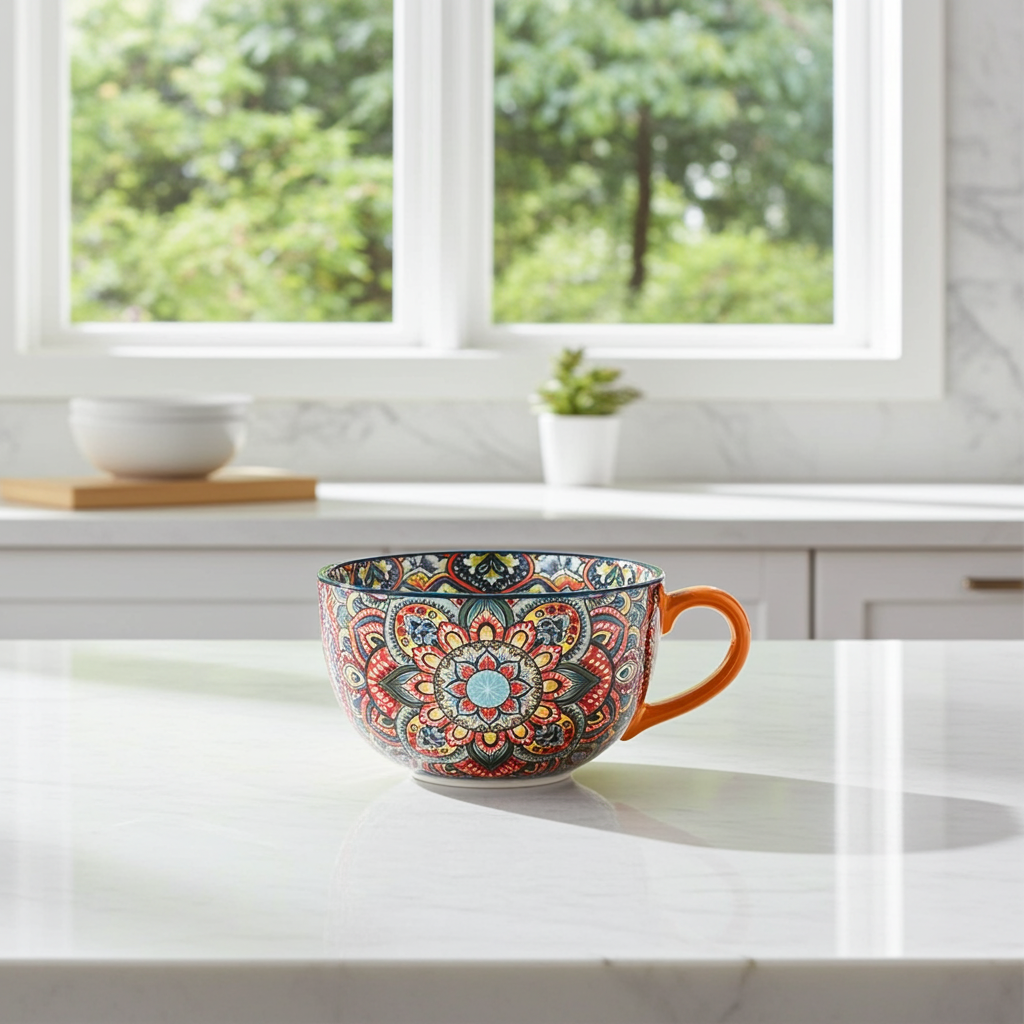 400ml ceramic flower handle bowl with a glossy red glaze finish.