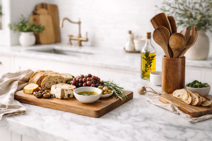 Artisan crafted natural wood charcuterie tray with cheese and fruits.