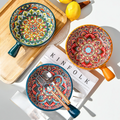 Aesthetic blue glazed ceramic bowl used for serving fresh desserts.