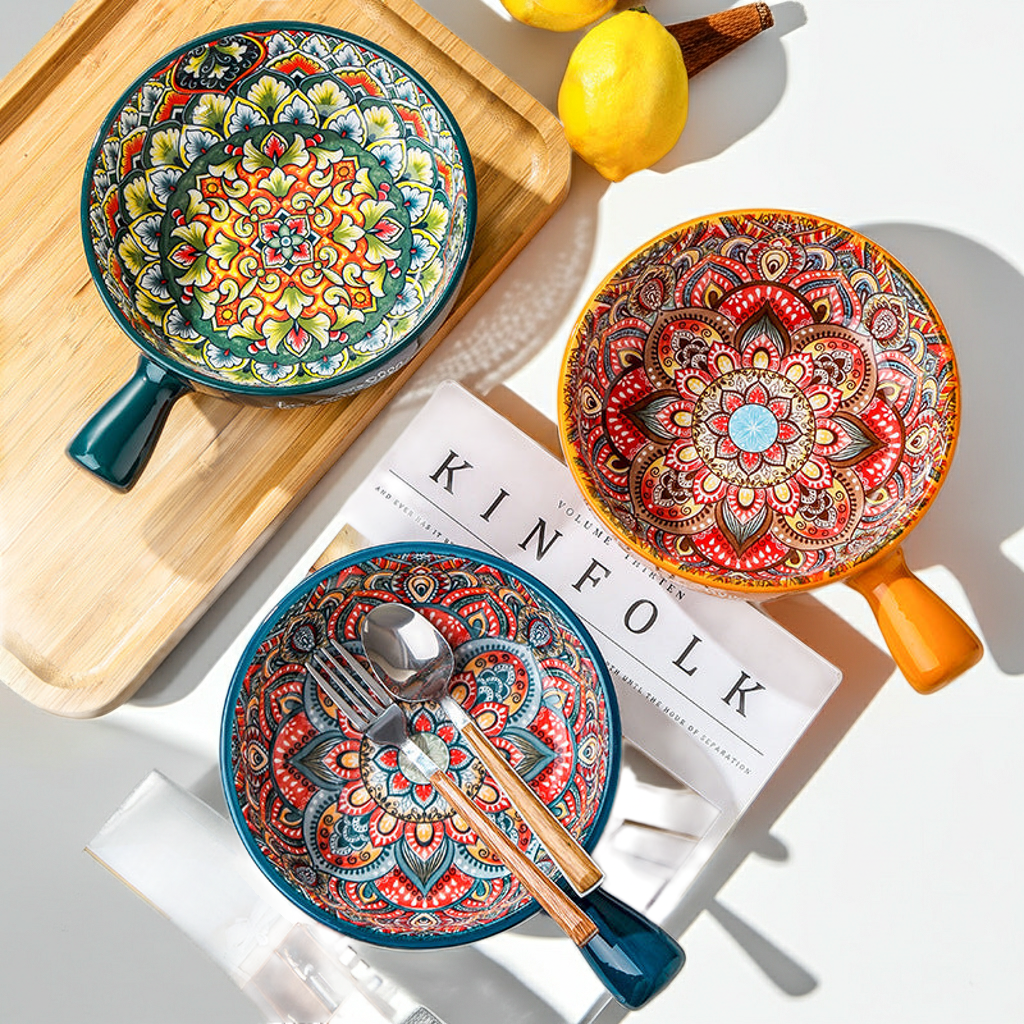 Trendy 400ml ceramic flower handle dessert bowls in red, blue, and green.