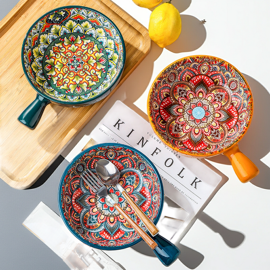 Close-up of the unique flower-shaped handle on the ceramic salad bowl.