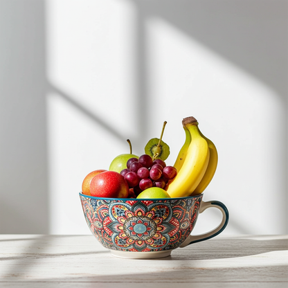 Glossy green glaze ceramic serving bowl on a modern kitchen table.