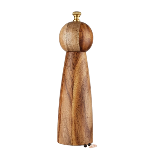 Compact 5-inch natural wood salt grinder displayed with fresh seasonings.