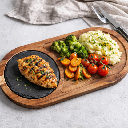 Close-up of the beautiful organic wood grain on the acacia serving board.