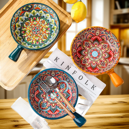 Trendy 400ml ceramic flower handle dessert bowls in red, blue, and green.