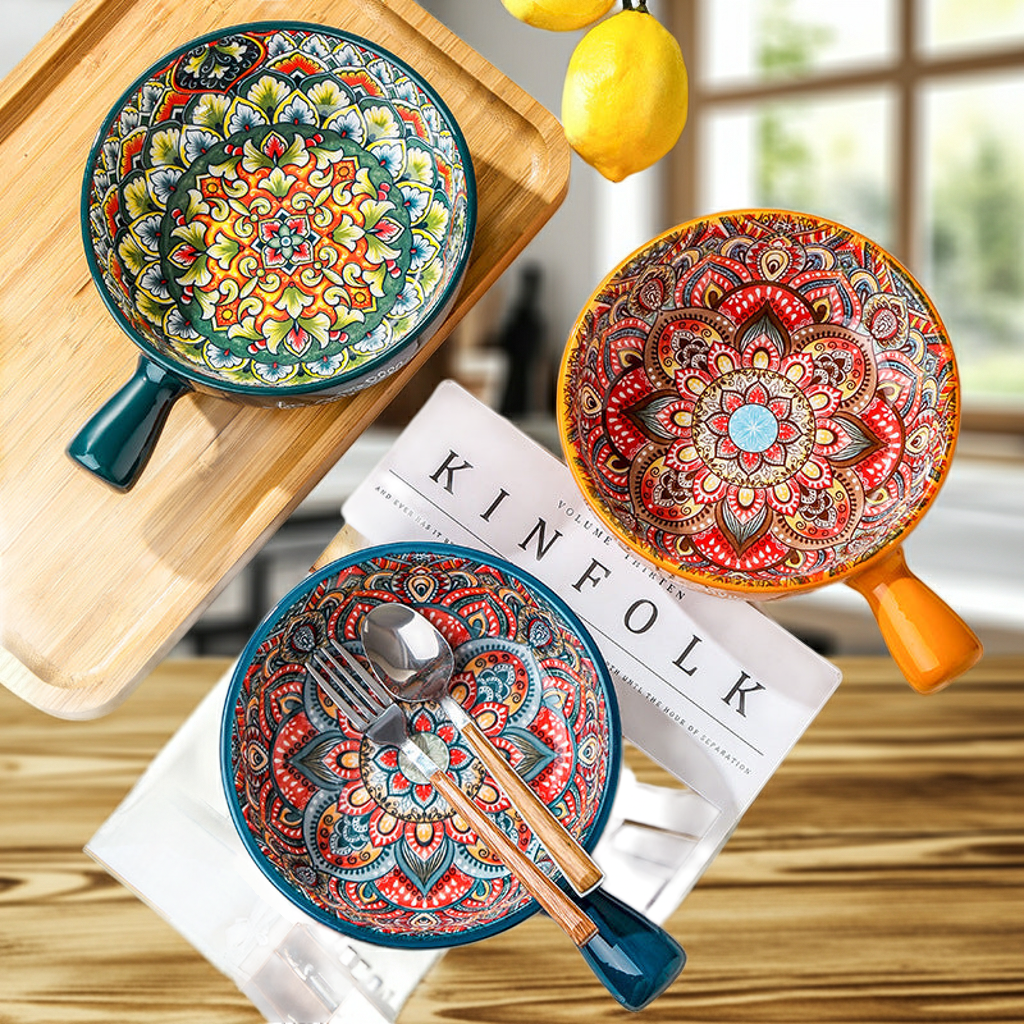 400ml ceramic flower handle bowl with a glossy red glaze finish.