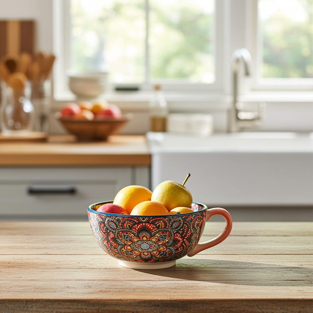 Glossy green glaze ceramic serving bowl on a modern kitchen table.