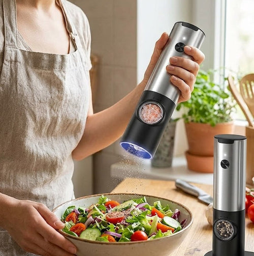 Rechargeable electric salt and pepper grinder set in modern Roman silver.