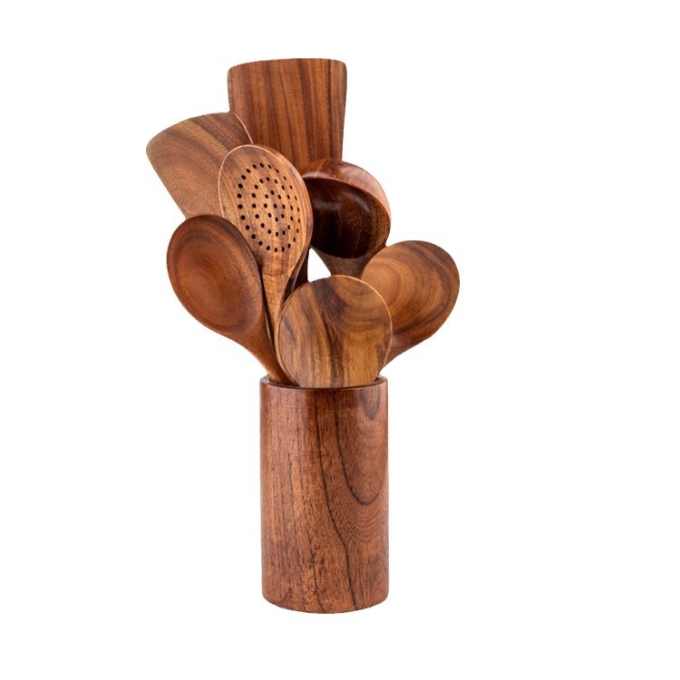 Premium 10-piece wooden kitchen utensil set including a ladle and turner.