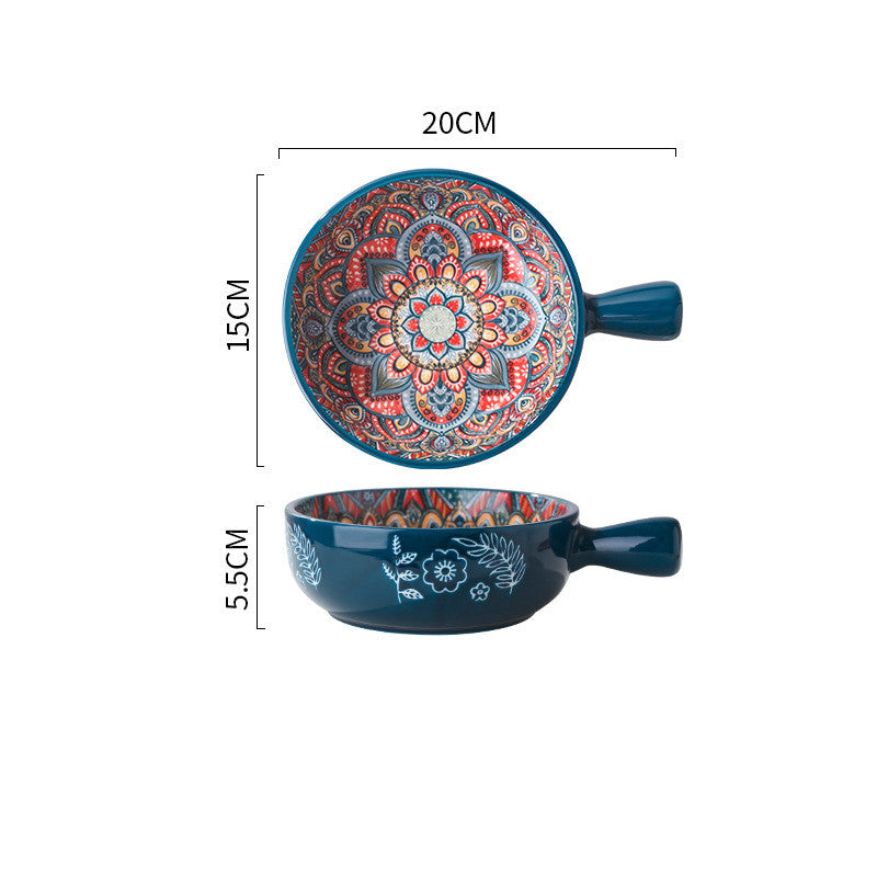 Trendy 400ml ceramic flower handle dessert bowls in red, blue, and green.