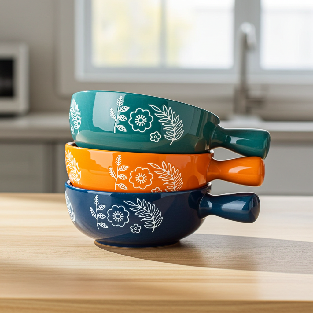Close-up of the unique flower-shaped handle on the ceramic salad bowl.