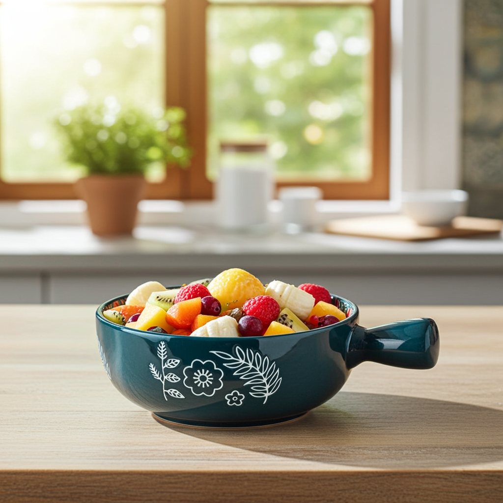 Glossy green glaze ceramic serving bowl on a modern kitchen table.