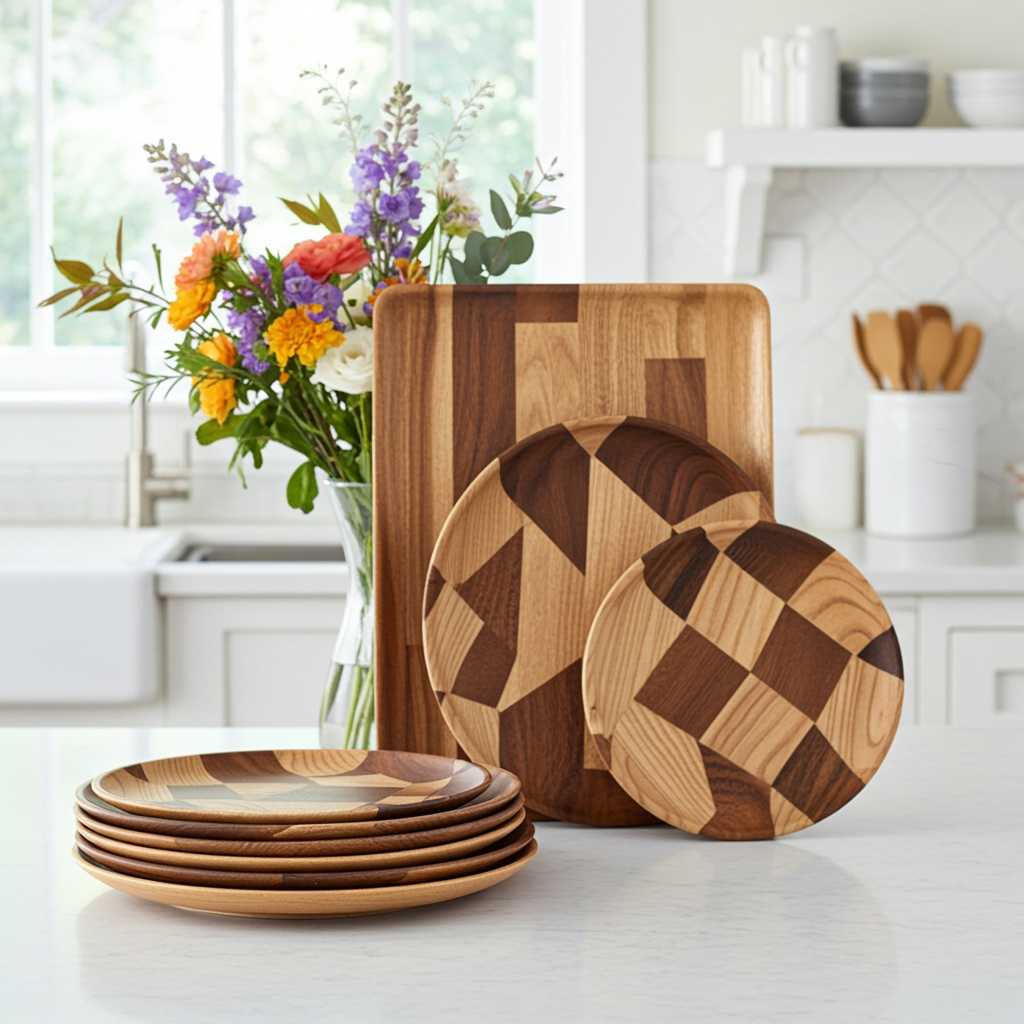 Round acacia wood serving plate displaying a fresh layer cake.