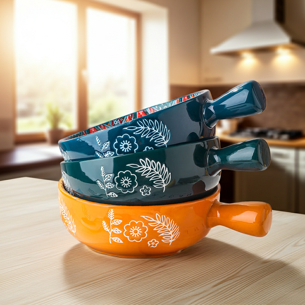Trendy 400ml ceramic flower handle dessert bowls in red, blue, and green.